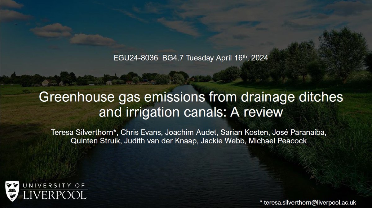 I’ll be presenting some preliminary results from our synthesis of CO2/N2O fluxes in ditches and canals at #EGU24 BG4.7 Tues at 16:20. Looking forward to seeing colleagues new and old at my first EGU! 🥳