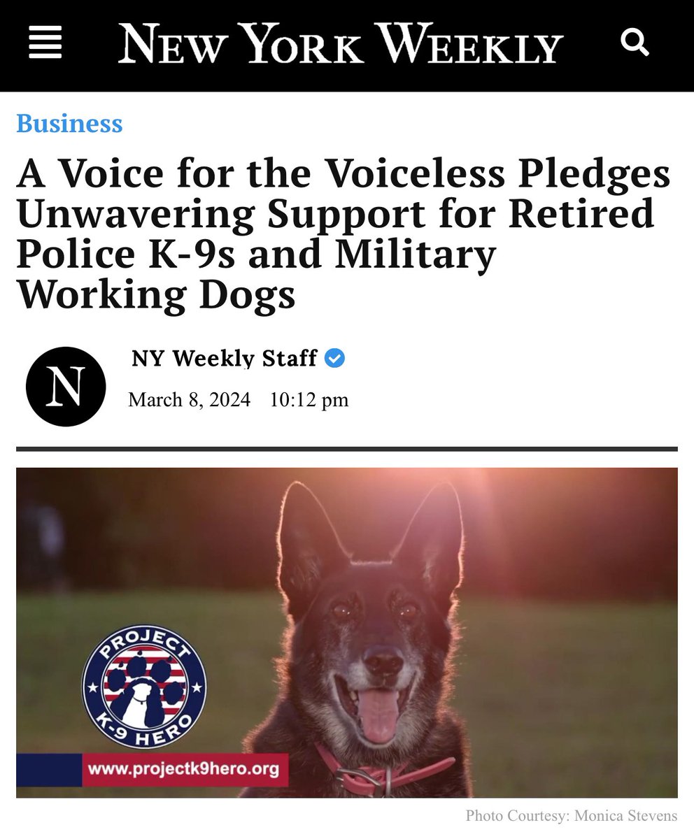 We were so honored to be recently featured in #NYWeekly on our mission at Project K-9 Hero! “A Voice for the Voiceless” Please take a moment to READ and SHARE at: nyweekly.com/business/a-voi…