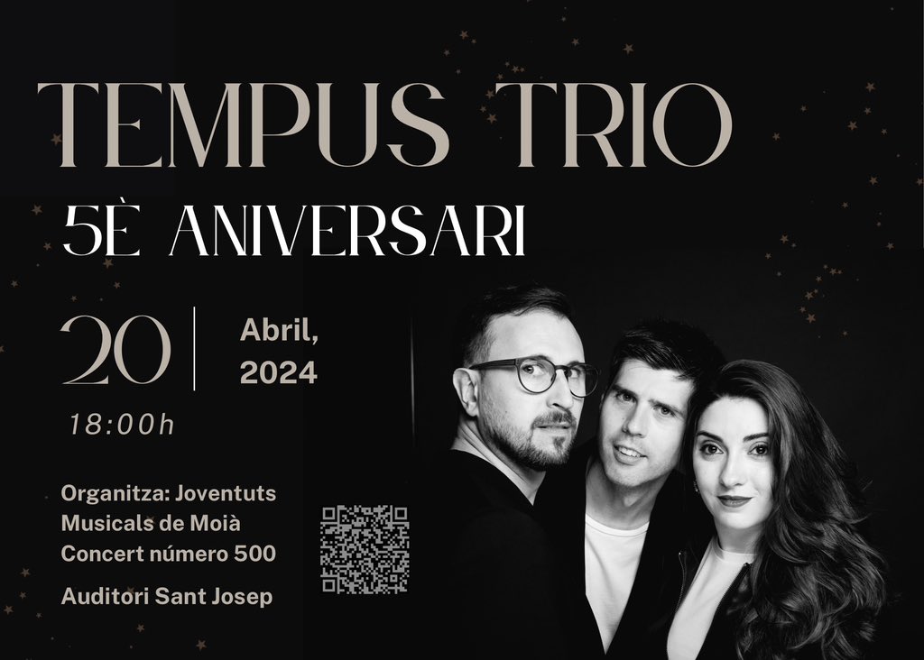 TempusTrio's tweet photo. El pròxim dissabte 20 d’abril estarem d’aniversari!! Sí, el Tempus Trio fa 5 anys i ho volem celebrar de la millor manera oferint un concert dins la nostra residència artística a Joventuts Musicals de Moià . 🎟️: https://t.co/sLe9Izwpy0 https://t.co/smP8gvkgO6