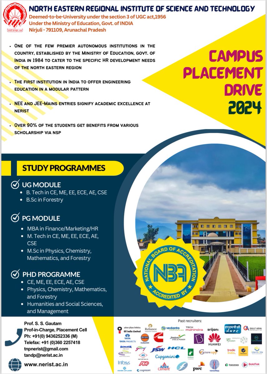 NERIST invites recruiters for engineering and management students. If you are looking for innovative engineers and strategic management thinkers, NERIST has the talent pool for you.

#NERIST #RecruitmentDrive #Engineering #Management