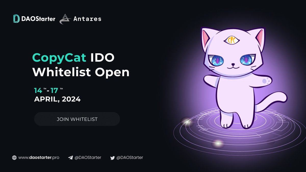 ⏰Get ready for the new whitelist of @CopycatFinance 📡 #eCAT public sale whitelist is live now! ✍️Go to apply: daostarter.pro/#/saleDetail?p… 🧐Check medium tutorial : medium.com/@DAOStarter/co… 💰Safeguard is attached to the sale, and check full details: medium.com/@DAOStarter/da…