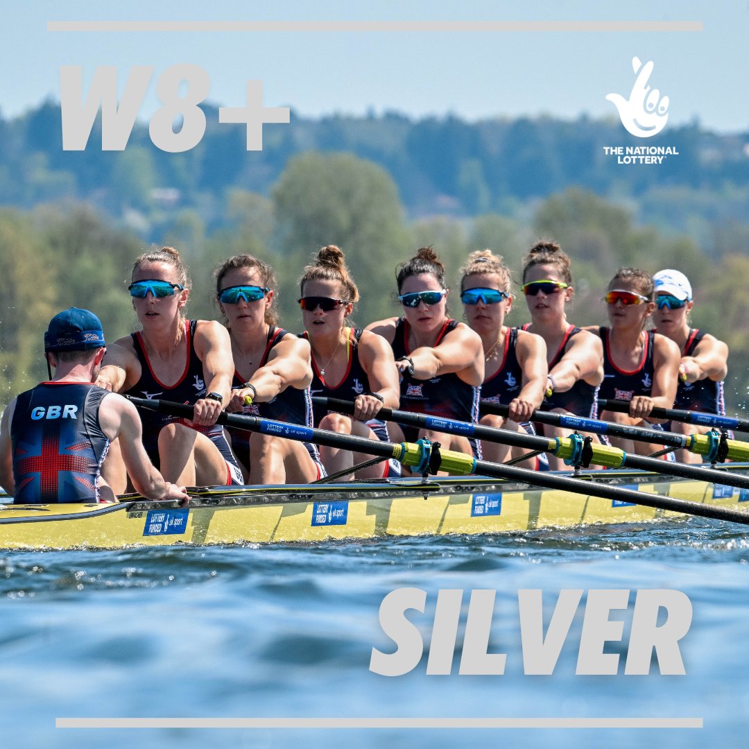 Racing for the second time today, Heidi Long, Rowan McKellar, Hattie Taylor, Eve Stewart, Holly Dunford, Emily Ford, Lauren Irwin, Annie Campbell-Orde and Henry Fieldman take silver in the women's eight A Final - a second silver medal today for half the crew! 🥈👏