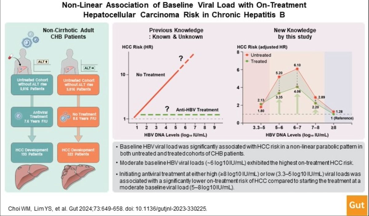 #GUTAbstract on the paper by Choi et al entitled 'Non-linear association of baseline viral load with on-treatment hepatocellular carcinoma risk in chronic hepatitis B' via bit.ly/3xxPGZF Paper: bit.ly/48WgxLJ #HepatitisB #HBV