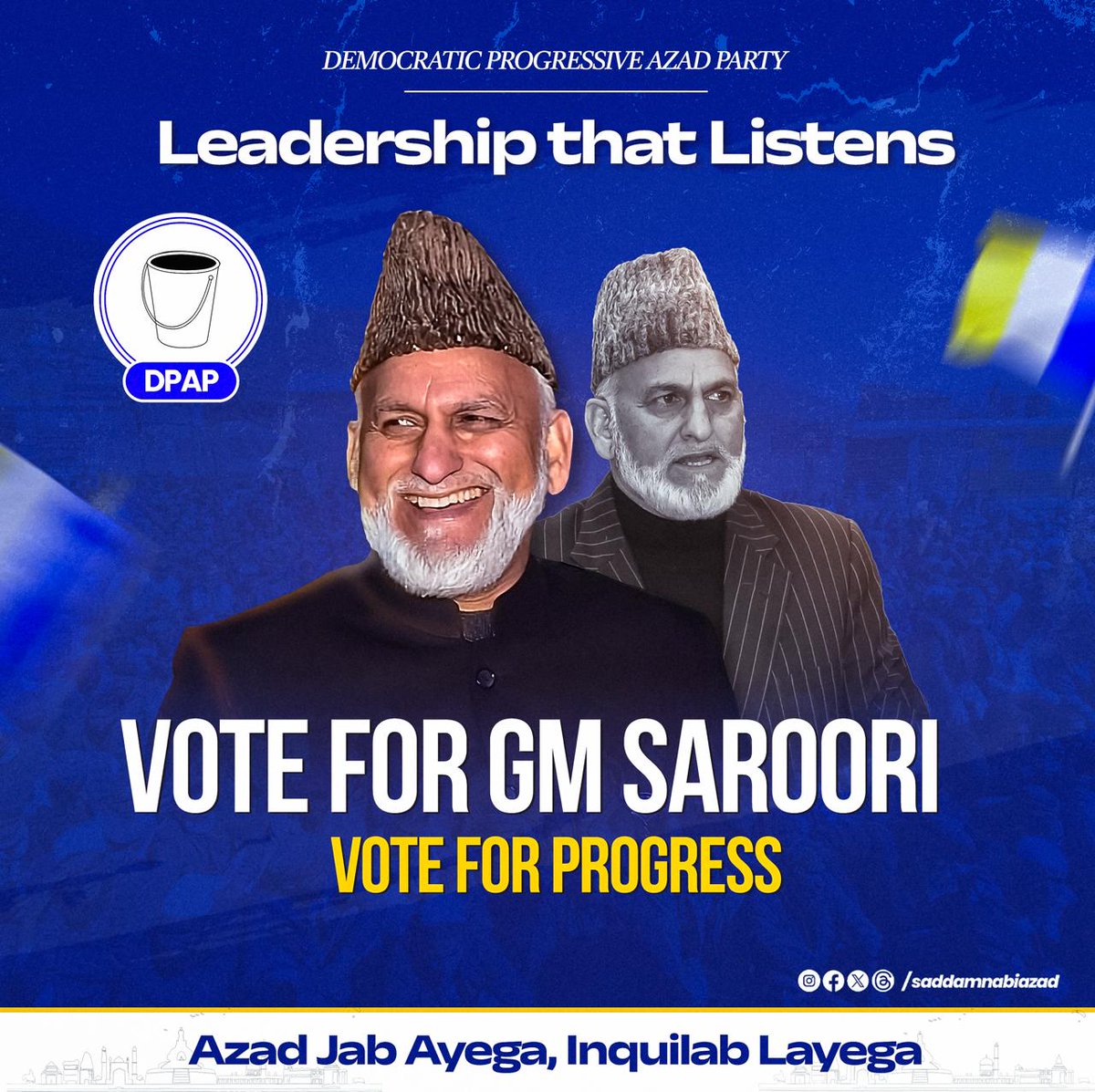 SaddamNabiAzad's tweet photo. In the upcoming Lok Sabha elections, support Jenab @GMSaroori for the Udhampur-Kathua-Doda seat. Vote for progress and leadership that listens. Together, we shall rebuild Jammu and Kashmir.
#Udhampu_Kathua_Doda #RebuildJammuAndKashmir #AzadWave #BringBackAzad #AzadZarooriHai #BucketForProgress #LokSabhaElections2024