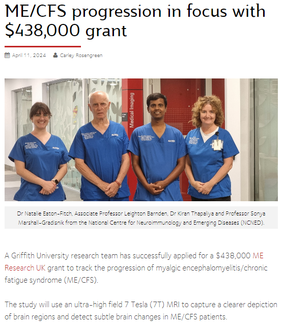 A Griffith University research team has successfully applied for a $438,000 ME Research UK grant to track the progression of myalgic encephalomyelitis/chronic fatigue syndrome (ME/CFS). news.griffith.edu.au/2024/04/11/me-… #MyalgicEncephalomyelitis #ChronicFatigueSyndrome #MEcfs #CFS #PwME