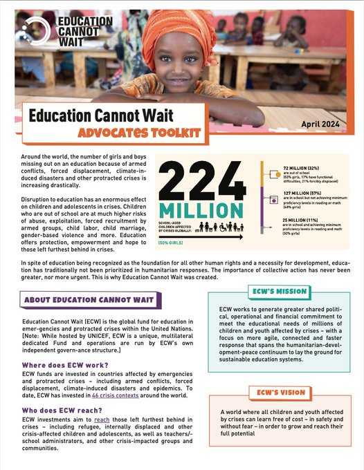 📣Passionate about @EduCannotWait's mission + education in emergencies & protracted crises work?

Download #ECW's🆕#AdvocateToolkit to learn more about #EiEPC & key ECW advocacy channels & campaigns to follow & support!

@ReliefWeb👉reliefweb.int/report/world/e…

#222MillionDreams✨📚