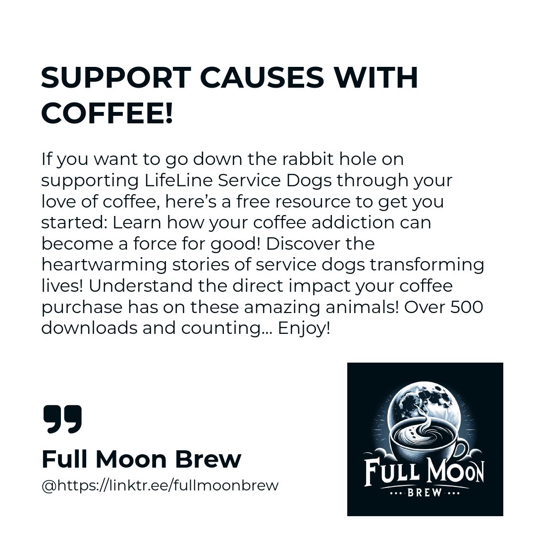 Sip your way to making a difference! ☕🐾✨ Check out the link to see how every cup of Full Moon Brew Coffee helps a pup in need! 🐶💖 Ready to fuel your day and support a pawsome cause? Click below! 🌕🐕‍🦺 fullmoonbrew.net #CoffeeLoversUnite #SupportServiceDogs