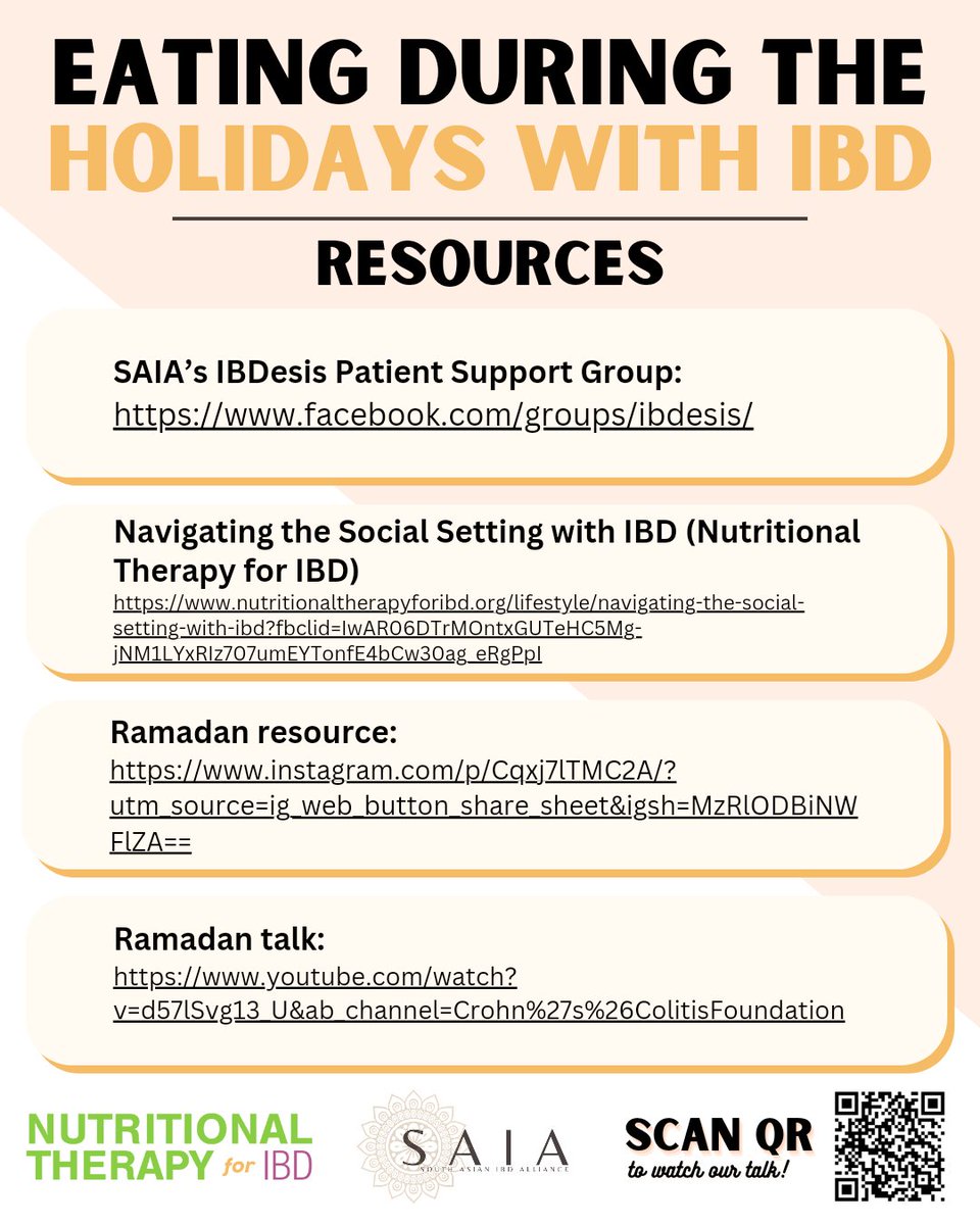 In a time of many cultural festivities, SAIA was proud to partner with @ntforibd to create a livestream on Eating During the Holidays with #IBD.  Check out these key takehome messages from our event. Watch the full talk to learn more: youtu.be/N4_XRpPDTh0?si… Best wishes 🙏🏽