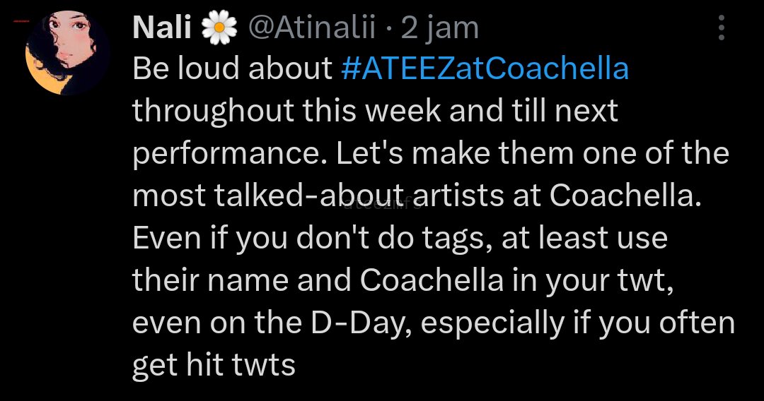 [az] ANOTHER FRIENDLY REMINDER GUYS, BE LOUD ABOUT ATEEZ DI COACHELLA !!! fck antis we shouldnt care about them, bomat dibilang overproud wong ini emang patut dibanggakan kok, dari agensi umkm loh ini, JARANG BGT bakalan dapat kesempatan ke festival gede kalau (cont)