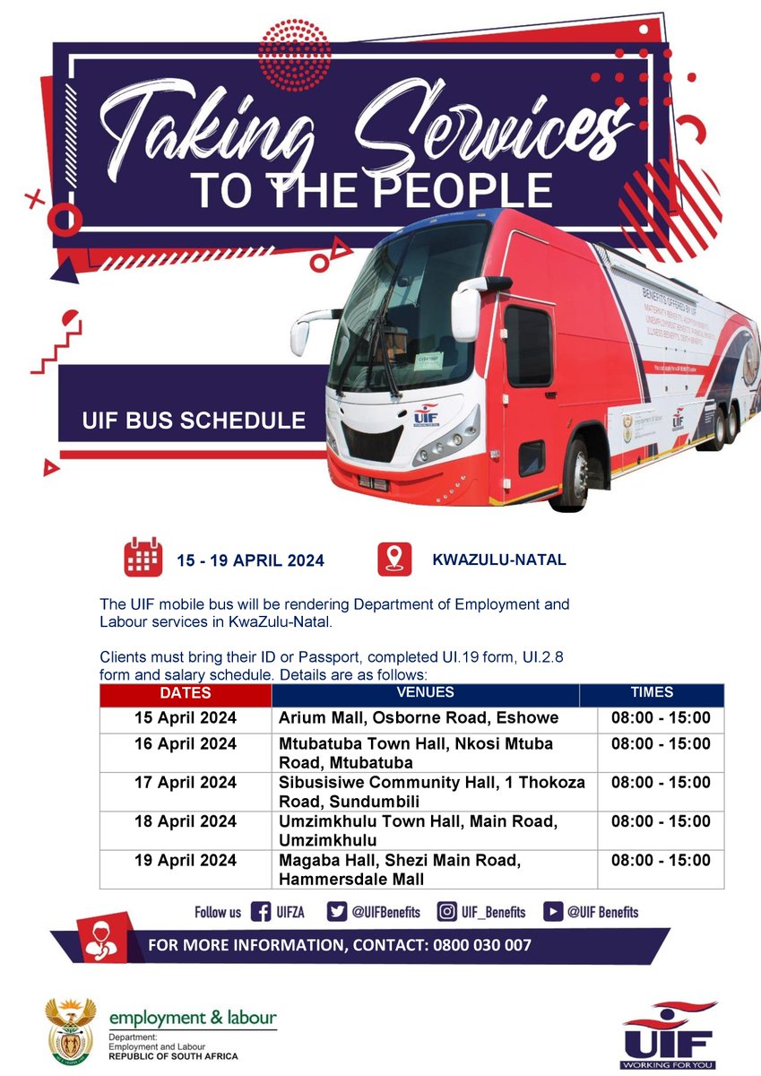 The #UIF buses are to render @deptoflabour services in the Gauteng and KwaZulu-Natal provinces between Monday, 15 April 2024 and Friday, 19 April 2024.

#UIF
#WorkingForYou