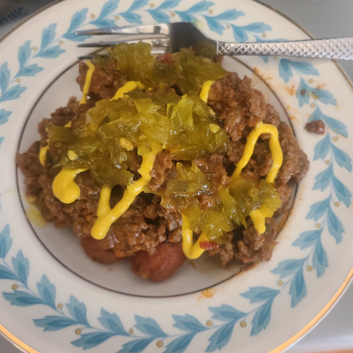 Breakfast of champions-- leftover chili dogs.