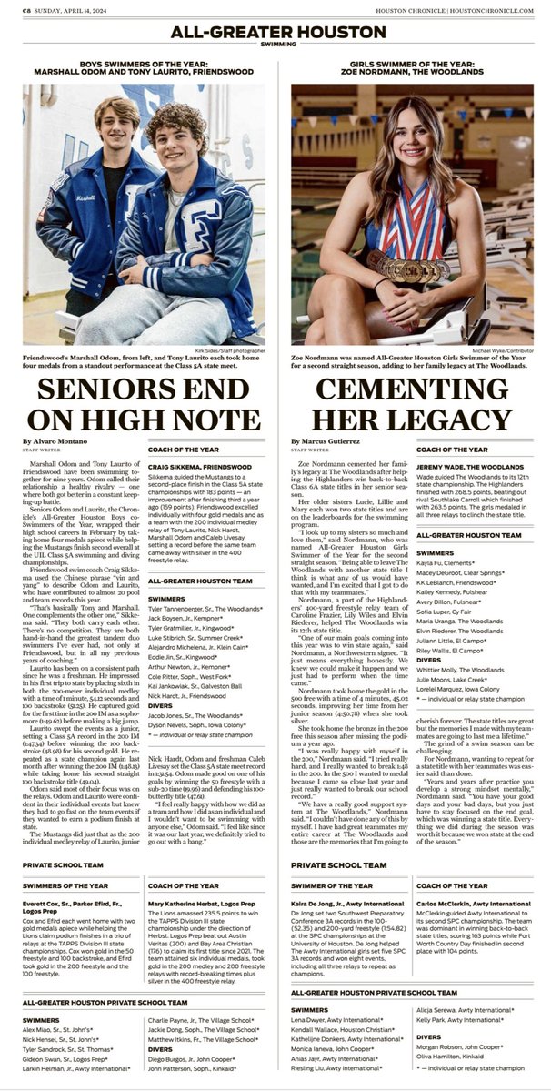 🏆 𝗔𝗟𝗟-𝗚𝗥𝗘𝗔𝗧𝗘𝗥 𝗛𝗢𝗨𝗦𝗧𝗢𝗡 🏆 📰 Today’s @ChronSports features the 2024 Swimmers of the Year. 🏊‍♂️ @FwoodAthletics Marshall Odom and Tony Laurito: houstonchronicle.com/texas-sports-n… 🏊‍♀️ @Highlander_H20 Zoe Nordmann: houstonchronicle.com/texas-sports-n… ✍️ @almontanoo, @MarcG14Line