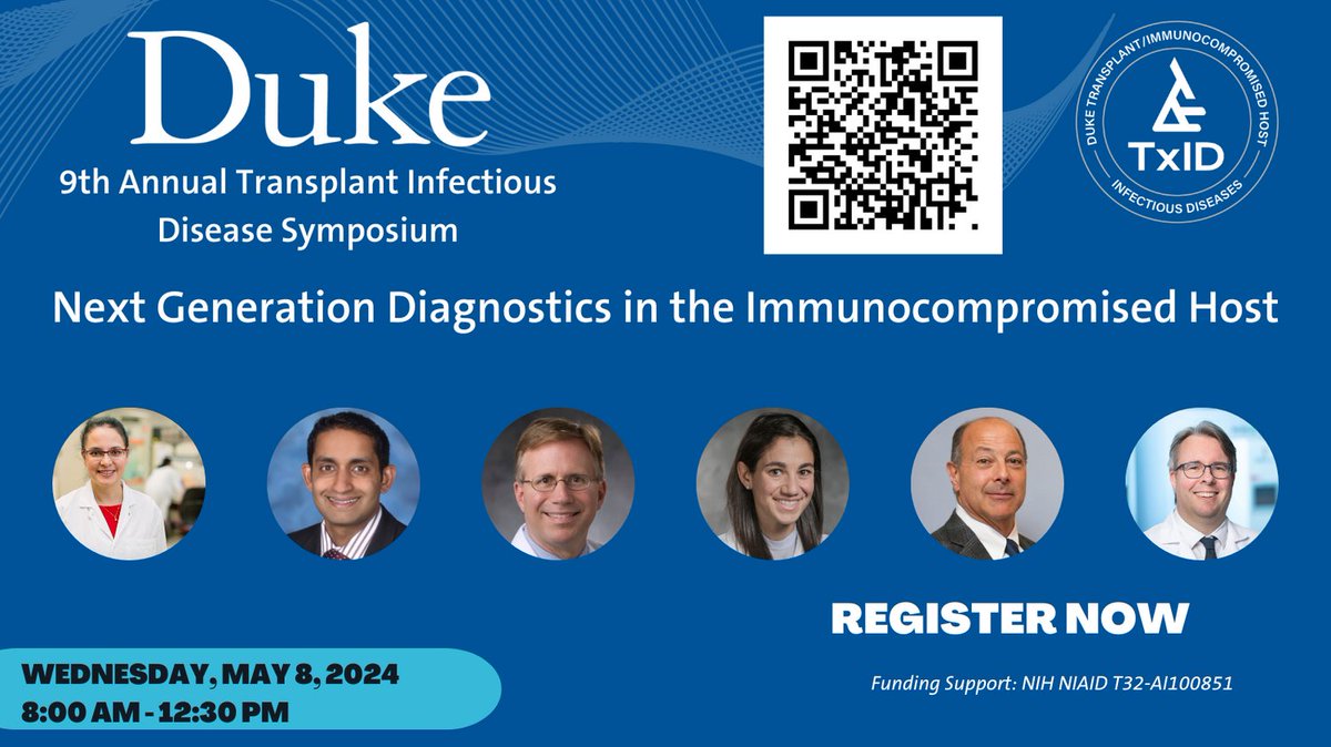 Have you registered for our upcoming Transplant Infectious Diseases Symposium on May 8, 2024, from 8:00 am - 12:30 pm? Speakers: Robin Patel, Palak Shah, John Reynolds, Mady Heldman, Jay Fishman, and Adrian Egli. #TxID #DukeID In-person & virtual options: duke.qualtrics.com/jfe/form/SV_be…