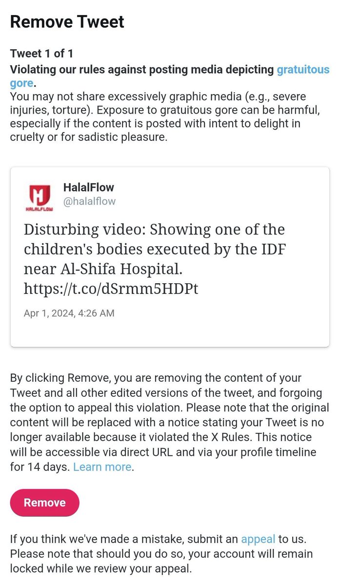 The rule implemented by @elonmusk is that as long as there is a “content warning” then evidence of war crimes is allowed to be posted. Different rule applied here to the IDF’a al-Shifa Massacre - @halalflow locked as a result