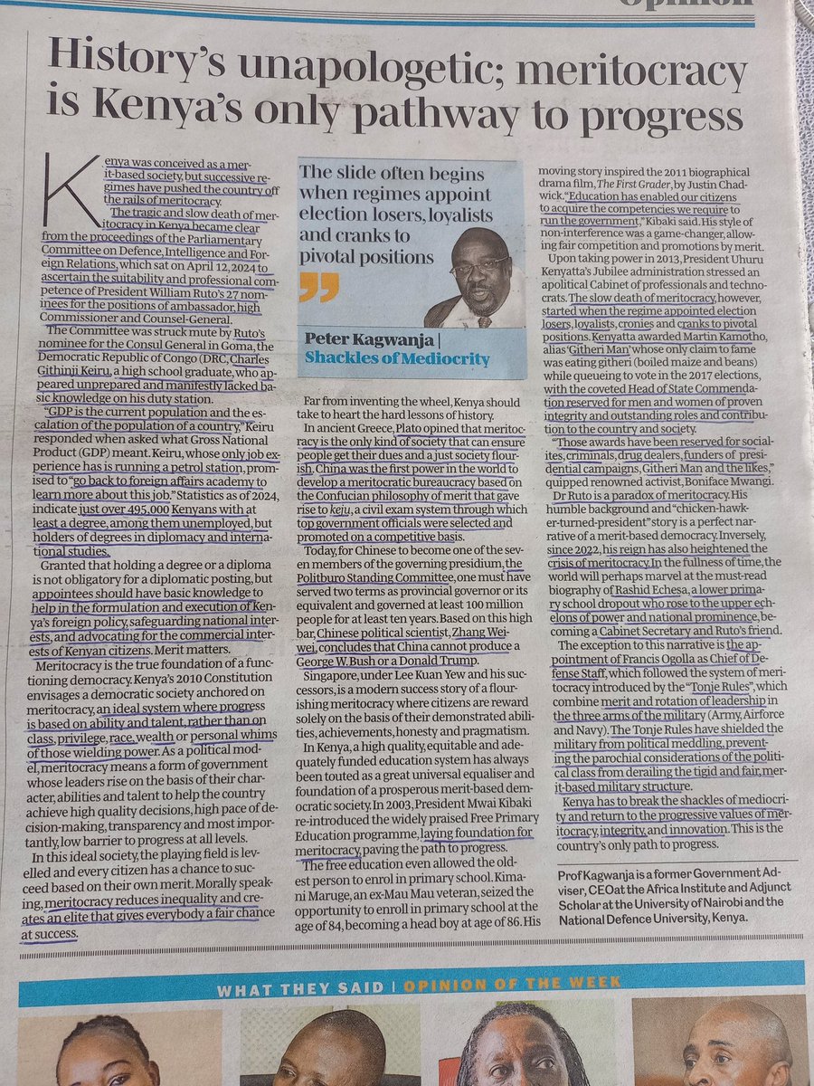 In Peter Kagwanja's article, he writes about the tragic and slow death of meritocracy in Kenya, after witnessing the Parliamentary vetting of Githinji Keiru, Ruto's nominee for the Consul General in Goma, DRC, who didn't even know what EACRF is, or what GDP stands for.