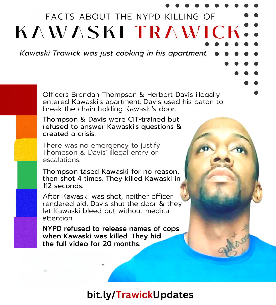 JooHyun_Kang's tweet photo. Today is 5 years since NYPD Brendan Thompson &amp; Herbert Davis created a crisis &amp; gunned #KawaskiTrawick down while he was cooking at home. 

Kawaski was a Black gay man who came to NYC to dance. He was active in the House of Mizrahi. He was loved &amp; should be alive. Some facts... https://t.co/AWfANCchUo