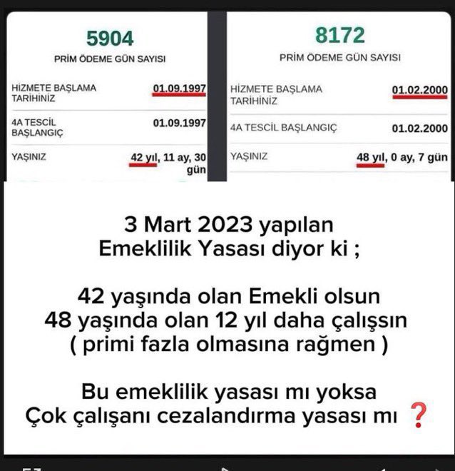 43 yaşında olanmı, yoksa 53 yaşında olanmı emekli olur❓ 5000 gün {13 yıl} primi olanmı yoksa 9000 gün {25 yıl} primi olanmı emekli olur❓ Bir yetkili bu düzenlemede bir hata olduğunu ya çıkıp anlatsın, ya da adaleti hiç ağzına almasın! #EmeklilikteKademeyeTakılanlar…