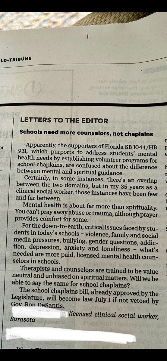 Florida wanting CHAPLAINS as PUBLIC SCHOOL COUNSELORS They have a minor bkgrnd check and zero req for training, degree or exp “Therapists and counselors are trained to be value neutral and unbiased on spiritual matters. Will we be able to say the same for school chaplains?”