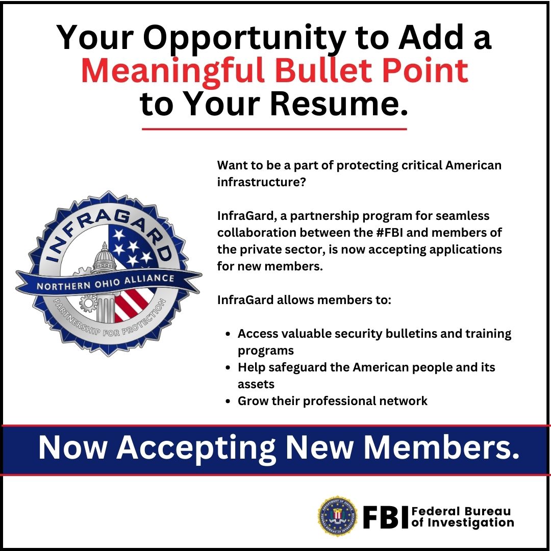 Want to be a part of protecting critical American infrastructure? InfraGard, a partnership program for collaboration between the #FBI and members of the private sector, is accepting applications for new members. ow.ly/kBqo50Rf4Va