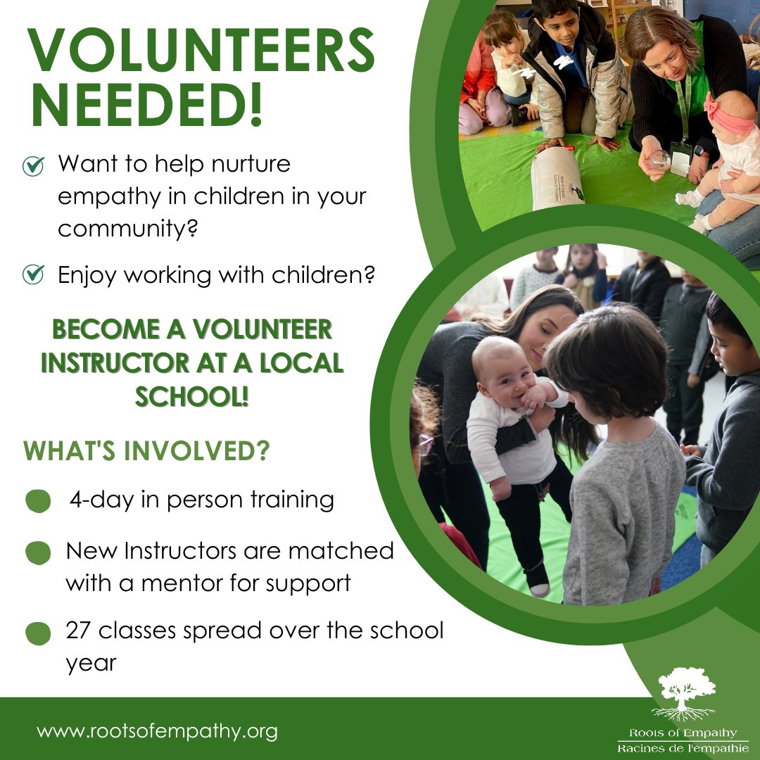 Please see the following message from Roots of Empathy. Join us in making a difference!💚 We're searching for passionate #Volunteer Instructors for this coming school year in. Be part of our vision to 'Change the world, child by child.' Sign up   rootsofempathy.org/instructors/