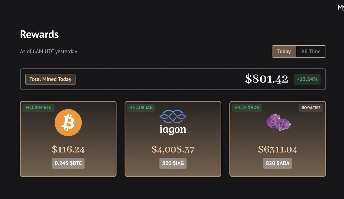 Check out this concept UI for Stronghold + PFP rewards we are working on. Strongholds are next-generation NFTs that reward you with passive revenue rewards By owning a Stronghold, you'll earn Iagon tokens, BTC mining rewards, whiskey investment rewards, and royalties. 1⃣BTC…