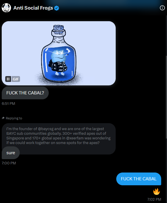 baycsg's tweet photo. Apes @baycsg @xeerfam, we bout to 'FUCK THE CABAL' with @AntiSocialFrogs. https://t.co/1Pkcw46CZK