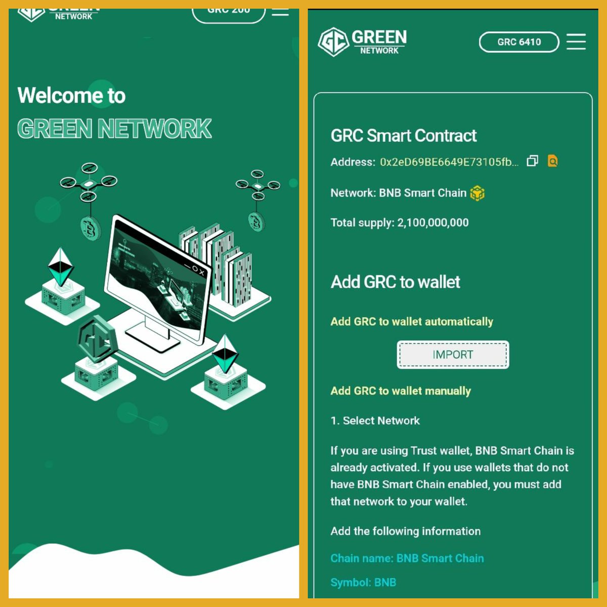 #GreenNetwork  New Project 💥💥
✅GRC Smart Contract :
0x2eD69BE6649E73105fbd55466164bB4Da77EDB4F
✅Network: BNB Smart Chain 
✅Total supply: 2,100,000,000
✅List token on Coinmartketcap, Coingecko
✅List token on DEX, CEX
✅Release Green Network Beta 2.0 version
✅Provide node…
