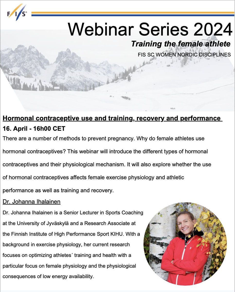 Don't miss out the next webinar session in the series "Training the Female Athlete" organised by the FIS SC Women Nordic! <a href="/jokasten/">Johanna Ihalainen</a> will dig into the influence of hormonal contraceptive use on training, recovery, and performance. Join us on April 16th at 16:00 CET.👇📷🤩