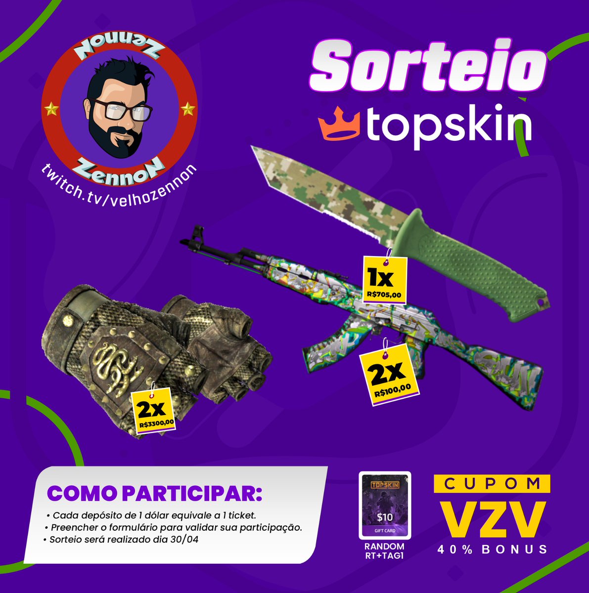 ZennoN_ofc's tweet photo. 🔥🔥Sorteio Depositantes TOPSKIN  (R$1565)🔥🔥

CUPOM: VZV  35% Bónus ✅

Random RT get Gift Card $10
✅ Follow me
✅ RT
✅ Marca 1 Amigo

$1 = 1Ticket
Join Giveaway HERE : https://t.co/HamnemdiAk

DRAW: RT - 28/04   Dep. - 30/04

#CSGOGiveaway #cs2 #csgo #VZV #CSGOskins #csgogiveaways #topskin #sorteios #CSGO2 #sorteio #PROFIT