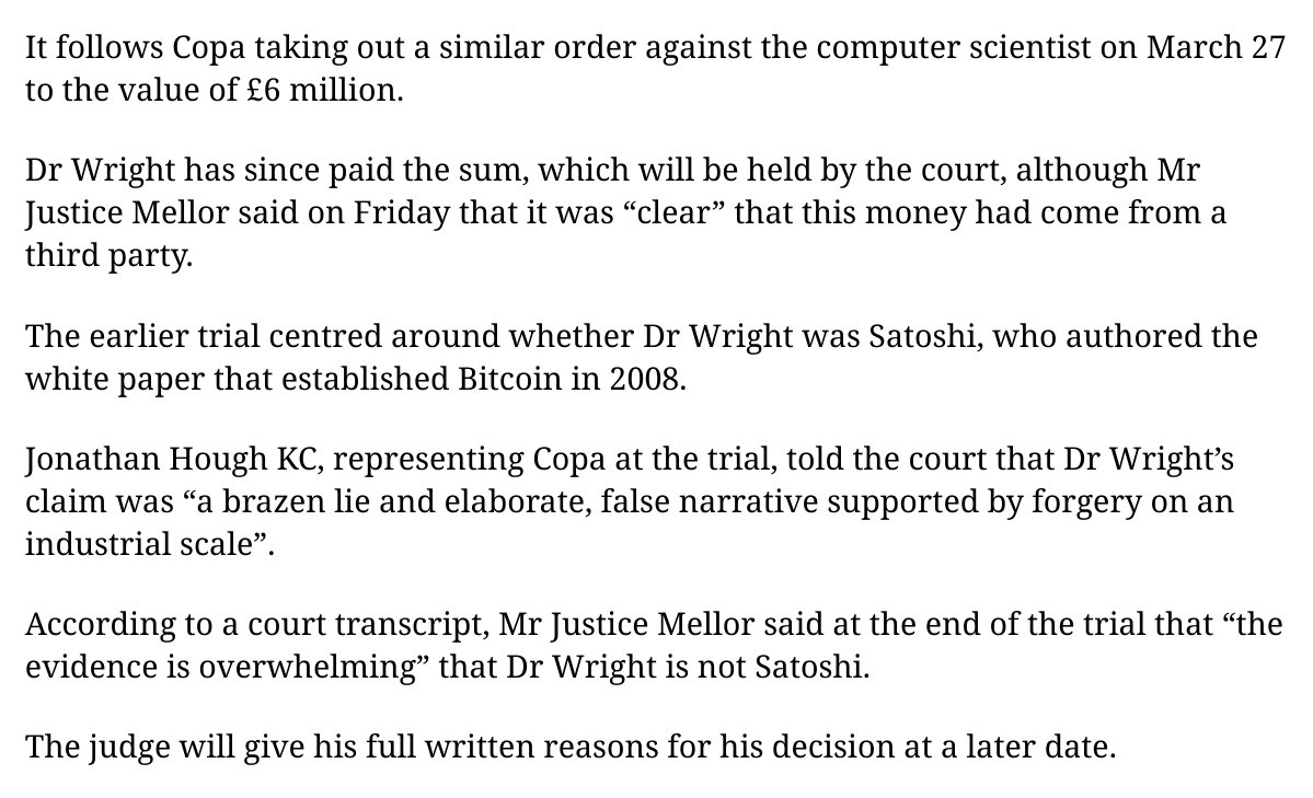 COPA v Wright update. Another day another freezing order.
Craig Wright slapped with a 2nd worldwide freezing order by Bitcoin devs after an unnamed benefactor allegedly interrupted his vacation to pay the $6M COPA WFO. Wright must pony up (again) or reveal his assets. #COPA #BSV