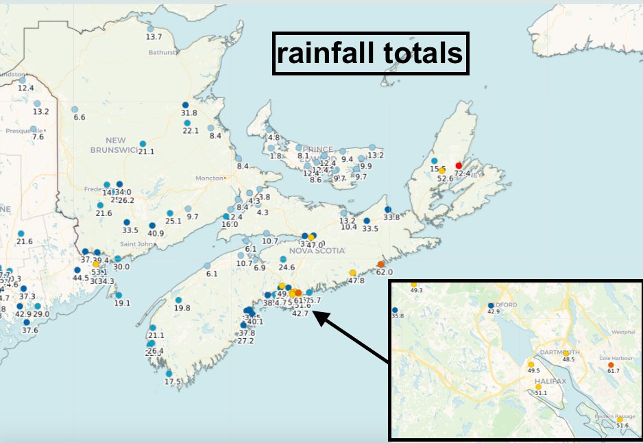 The total rainfall from the most recent system was more-or-less consistent with the predicted pattern, with heaviest rain along the Atl coast from Halifax then into Victoria County. A smaller peak SW NB. PEI least on average.