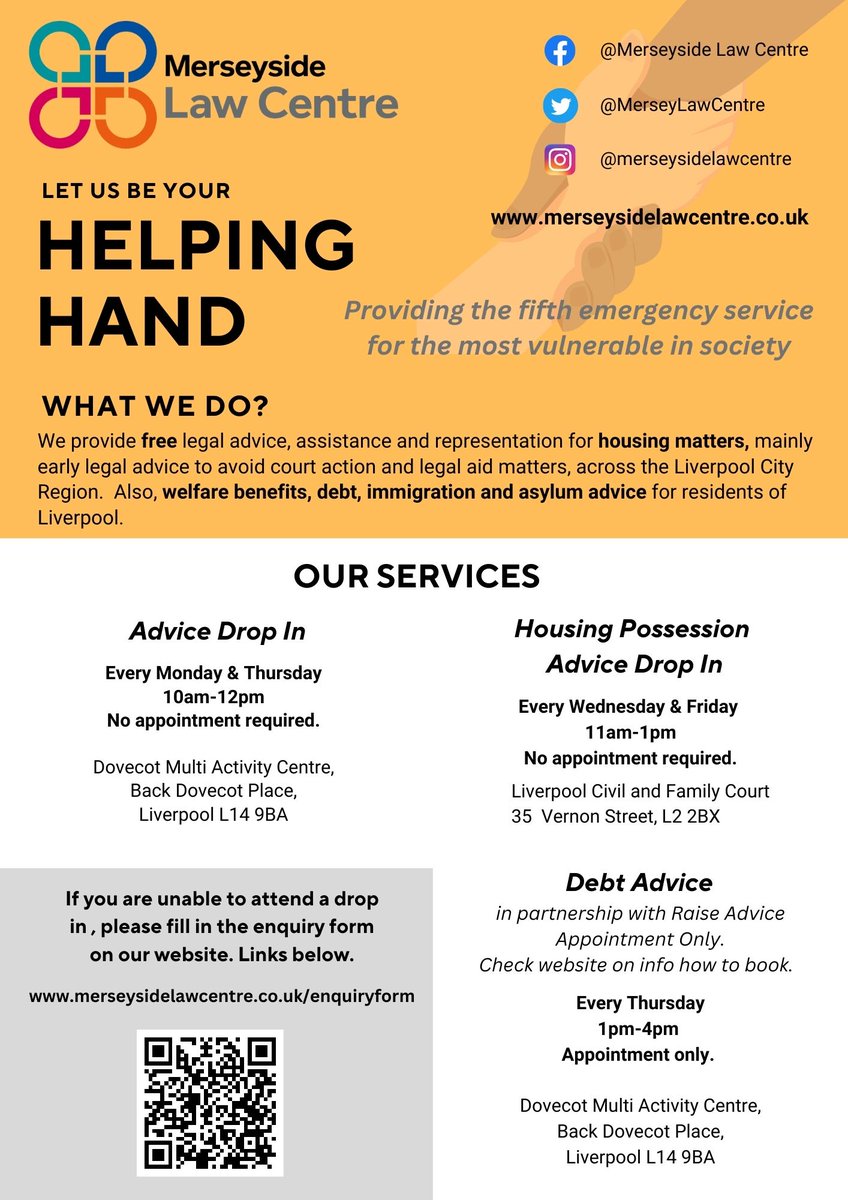 We operate free legal advice drop-in sessions, no appointment required. Please visit merseysidelawcentre.co.uk to check if your issue is within our remit. #accesstojustice #justiceforall