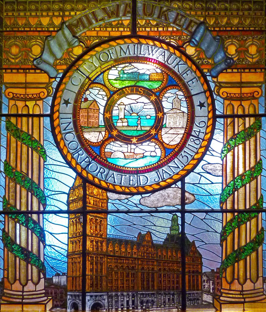 This beautiful stained glass window was created during the WPA Work Relief Programs in the 1930s, and completed under the supervision of WPA artist Adolf Karl. The window was restored and hung in the 3rd floor Common Council Chamber in 1978.

#MilwaukeeDay 
@cityofmilwaukee