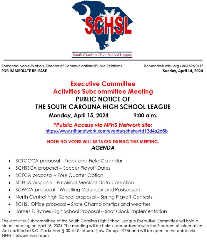 The Activities Committee, a subcommittee of the South Carolina High School League Executive Committee, will hold a virtual meeting, Monday, April 15, 2024. Viewing available via the NFHS Network nfhsnetwork.com/events/schsl/e…