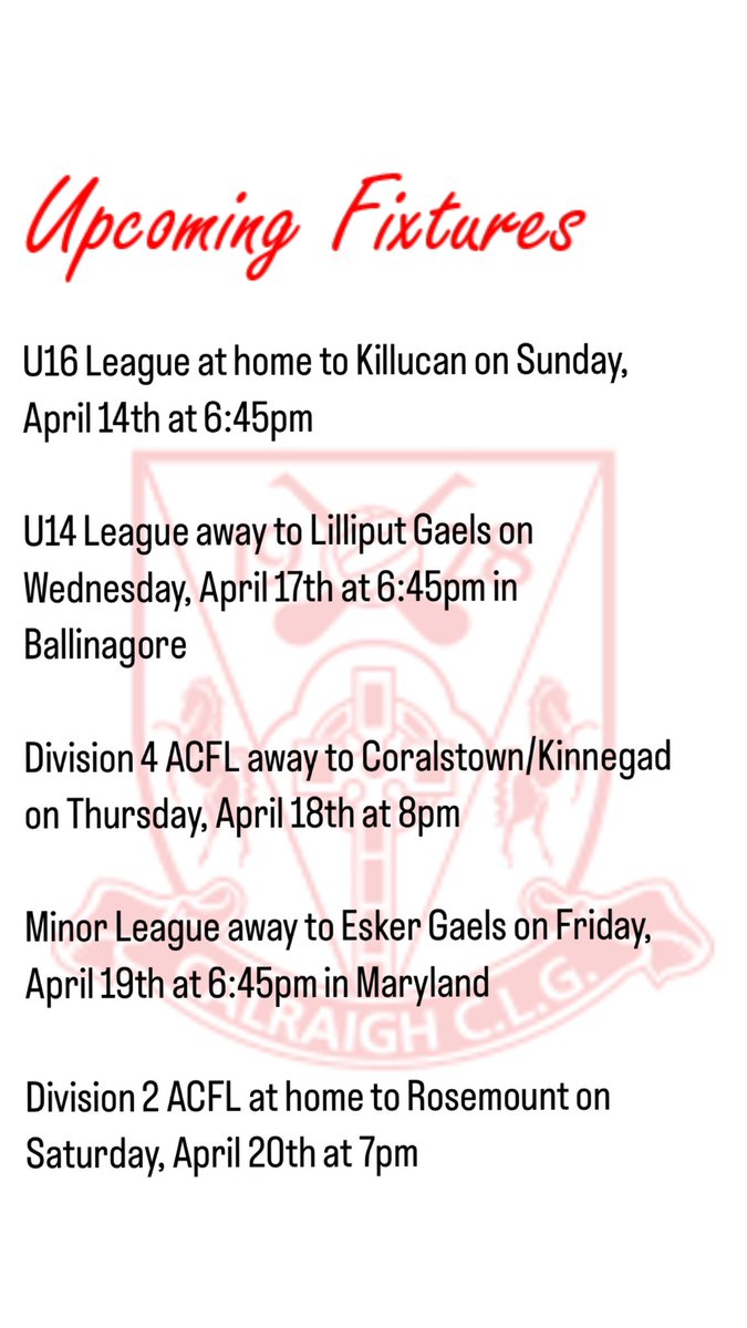 Plenty of action to look forward to with both adult and underage teams out in their respective league campaigns. 🔴⚪️ Note the change in Div 2 ACFL to Saturday evening.