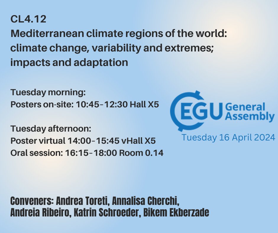 #EGU24 join us next 🗓️Tuesday for a full day on Mediterranean climate regions with posters in the morning 🟨Hall X5 and oral session/virtual posters in the afternoon 🟨Room 0.14 Looking forward to see you there! meetingorganizer.copernicus.org/EGU24/session/…