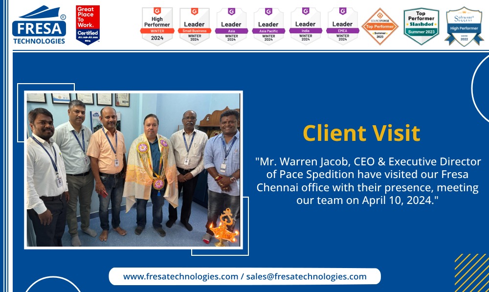 Client Visit
"Mr. Warren Jacob, CEO &amp; Executive Director of Pace Spedition have visited our Fresa Chennai office with their presence, meeting our team on April 10, 2024."

#fresa | #ERP | #Customer | #ClientVisit | #Visit | #PaceSpedition