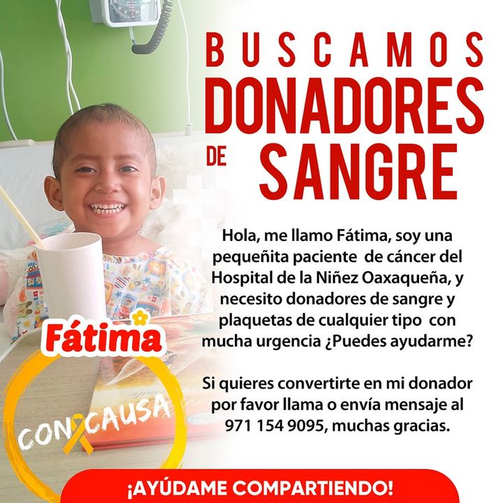 La pequeña Fátima es de reciente diagnóstico y necesita sangre y plaquetas con urgencia, ayúdanos compartiendo esta publicación y si puedes también donándole 🩸🎗️❤️ #Oaxaca #ConCausa #DonaSangre #CancerInfantil