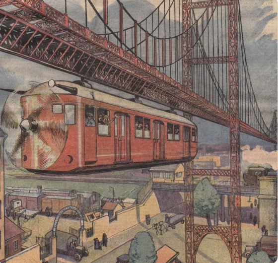 Aujourd'hui, un monorail à Wuhan en Chine... Mais dans les années 1920, Francis Laur avait conçu un projet insolite: la construction de l'aéro-car, un tramway volant entre Paris et Saint-Denis. RT @GallicaBnF 🚡 historia.fr/sciences-decou…