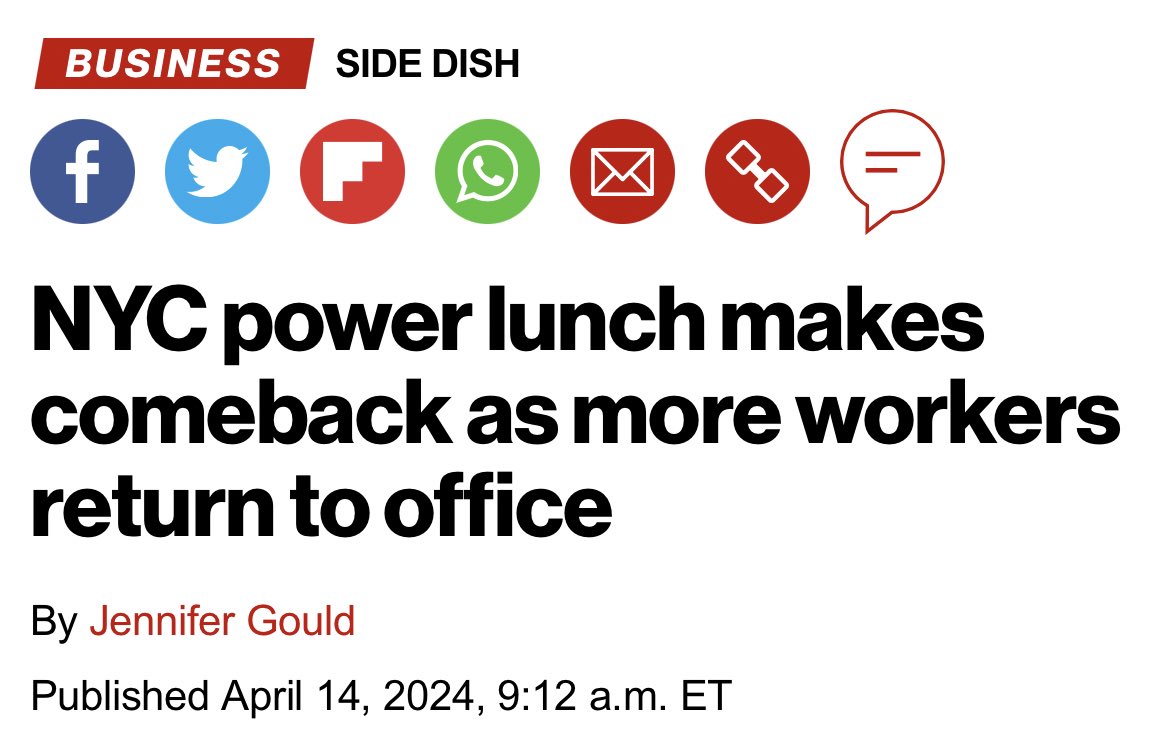 “.. At first, the return of the power lunch was just Tuesday to Thursday. Now we really see it five days a week,” said Boulud. @nypost #NYC #RTO nypost.com/2024/04/14/bus…