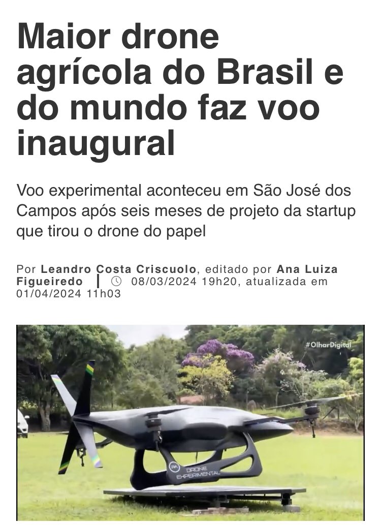 O maior drone agrícola do mundo é do Brasil.

O agro é indústria: química fina (fertilizantes e agrotóxicos), máquinas e equipamentos, software e hardware, biotecnologia e, agora, drones.

Cabe ao governo exigir como contrapartida de financiamentos compras de conteúdo nacional 🇧🇷