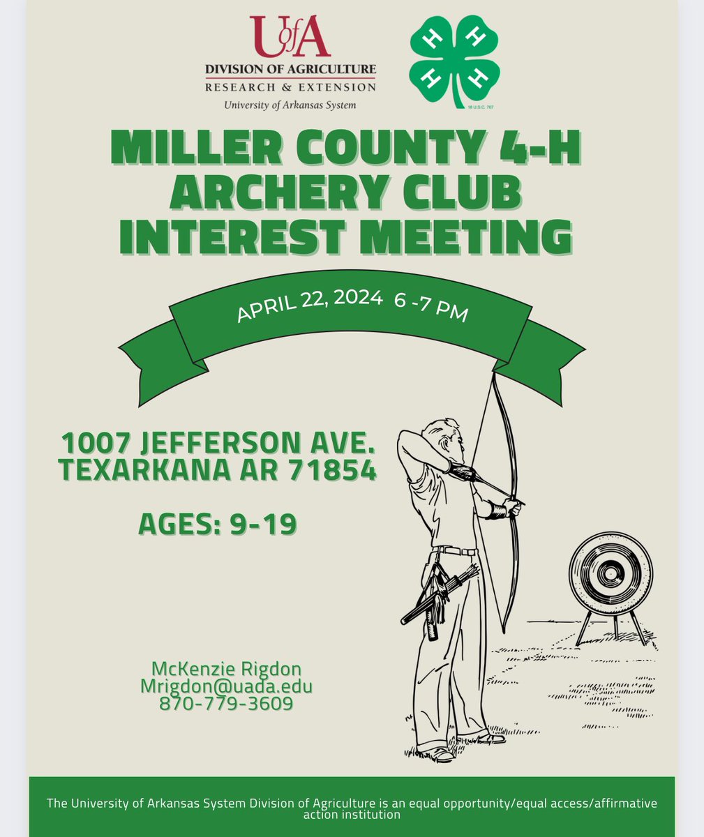 MillerCo4H's tweet photo. Join us April 22 6pm for the Miller County 4-H Archery Club interest meeting https://t.co/G31HY8IkPl