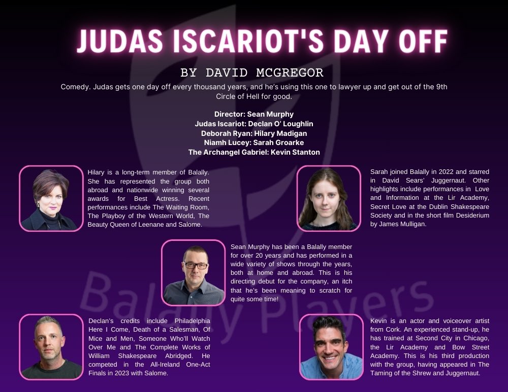 First on Wed 16-Sat 20 Apr 8:15pm in our Studio 4 - @BalallyPlayers Balally Shorts is ‘Judas Iscariot’s Day Off’ a comedy directed by Sean Murphy with @HilzerMad Sarah Groarke, Declan O’Loughlin & Kevin Stanton. milltheatre.ie/events/studio-… @dlrmilltheatre @balallyplayers