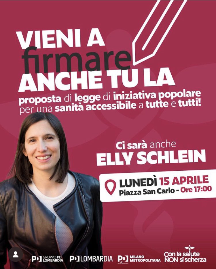 FORZA , LA SANITÀ  PUBBLICA  È IMPORTANTE  PER TUTTI  NOI 
DOMANI A MILANO CON #EllySchlein  P.zza San Carlo ore 17