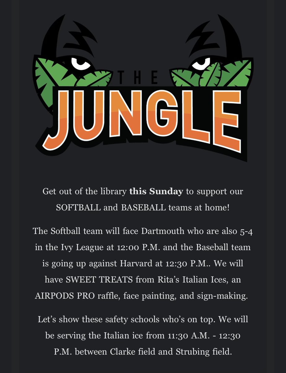 Come by the USG/Jungle Party today between Clarke and Strubing Field! Big games for @PUSoftall and @PUTigerBaseball!