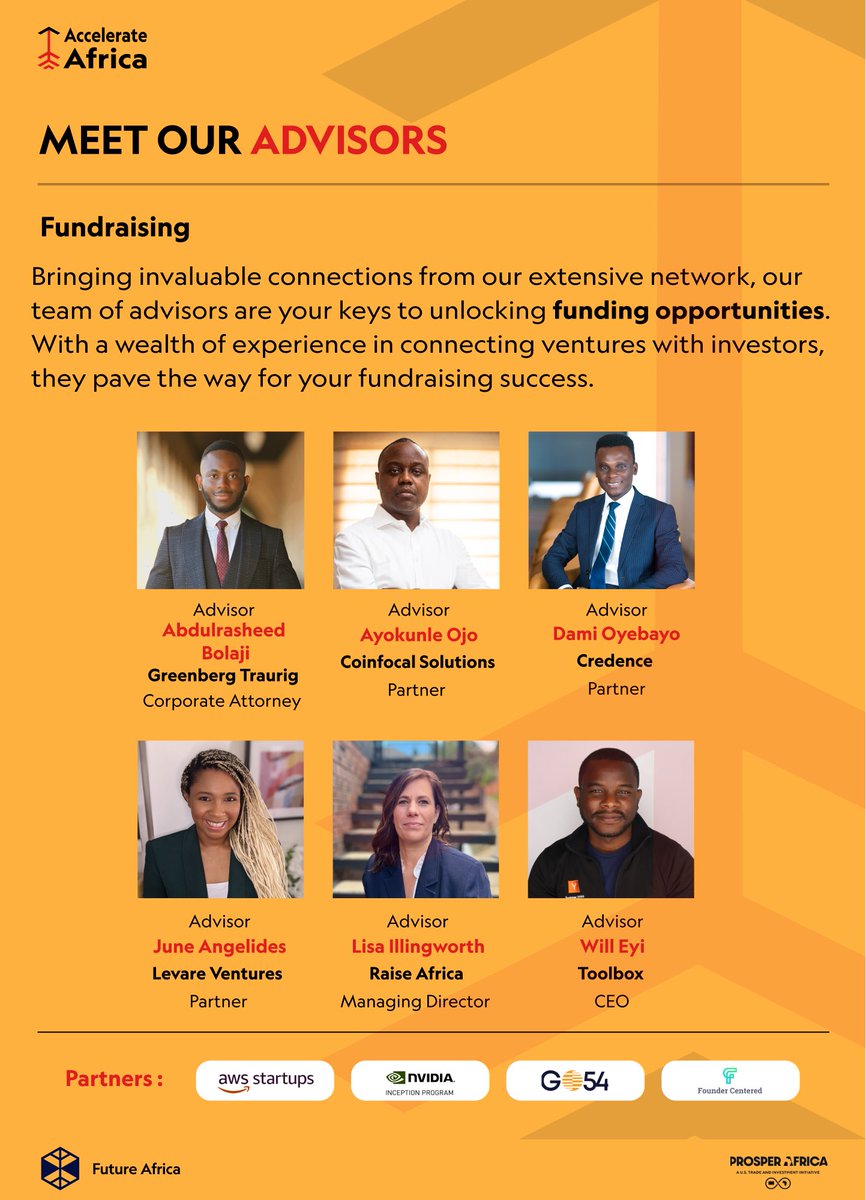 acceler_8africa's tweet photo. The final group are our fundraising advisors, who will help the startups in this cohort get pitch-ready for Demo Day when they’ll pitch in front of a select group of investors. They bring a wealth of experience supporting startups by unlocking funding from different investors 💰 https://t.co/IaQXAlmkep