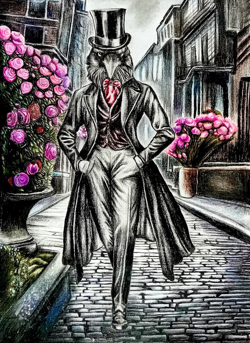 @DailyCorvids Balthazar Crawfield - A detective in Victorian London with other people as city animals (mice, pigeons, rats, etc) He is quite brooding and mysterious on the outside but a very wise and sophisticated man on the inside ♡ I am planning to make a comic book about him someday!