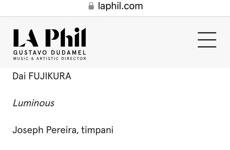 April 16, 2024, LA Phil, LA, USA Luminous for timpani (World Premiere) Joseph Pereira, timpani LAフィル委嘱の世界初演^_^