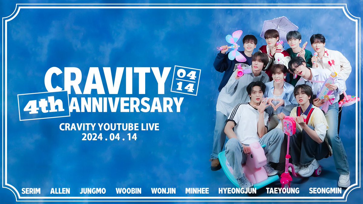 [📢]
CRAVITY 데뷔 4주년 기념 LIVE🎉
⠀
잠시 후 10시 40분!
크래비티 YouTube에서 함께하세요🌟
⠀
#CRAVITY #크래비티
#크래비티가_러비티를_많이_4랑한대요
#러비티와_함께라면_몇_번을_걸어도_좋아