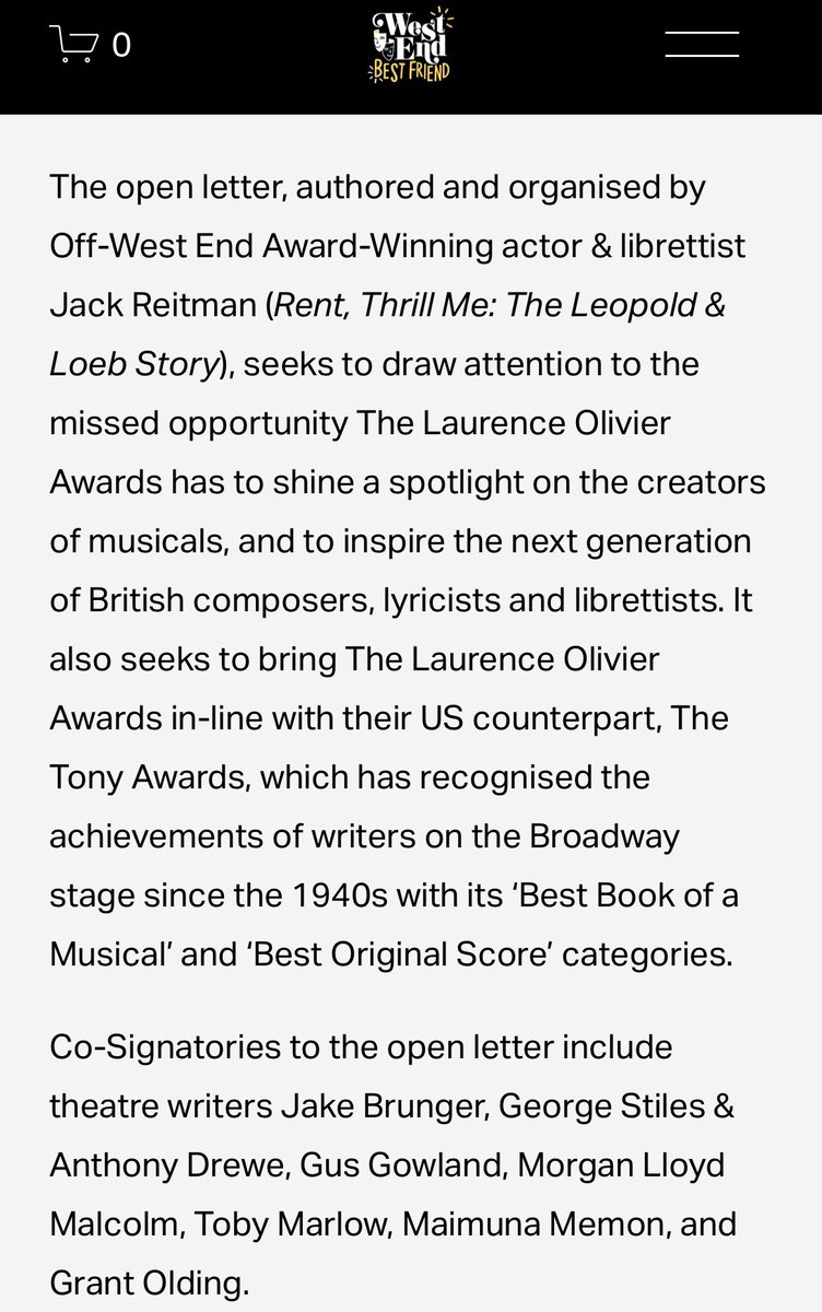 Been busy organising this trying to get proper recognition for MT creators at Oliviers & we have incredible support from over 200 writers actors & creatives This number is growing To read the open letter & add your name click here - linktr.ee/JackReitman 🔗 #OlivierAwards